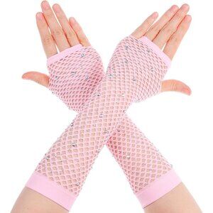 Women's Rhinestone Light Pink Sparkly Halloween Cosplay Fingerless Long Gloves